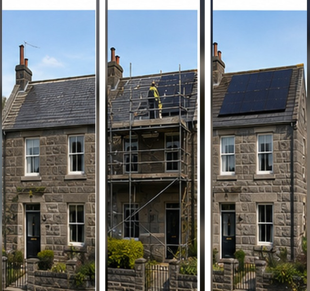 Illustrative example of a solar installation on a Aberdeen home, before, during and after